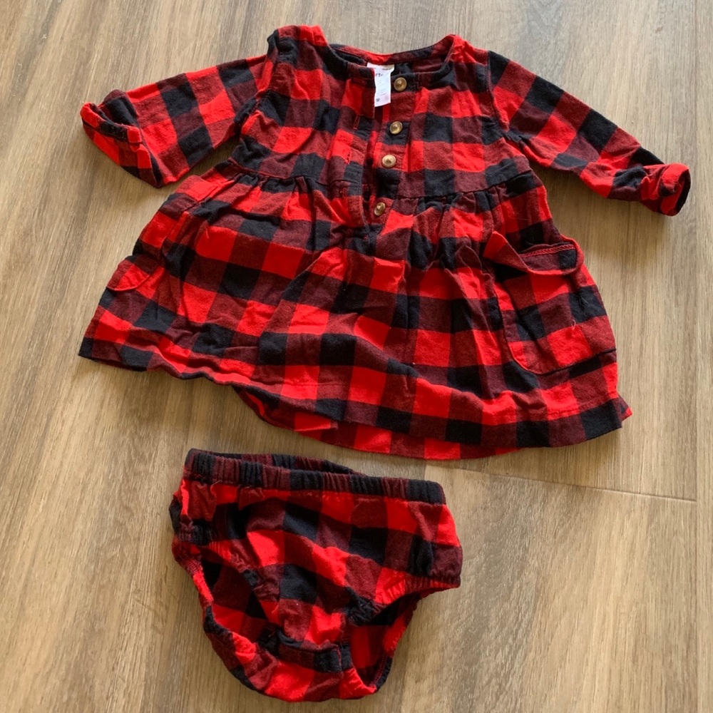 Buffalo plaid baby girls dress with bloomers.